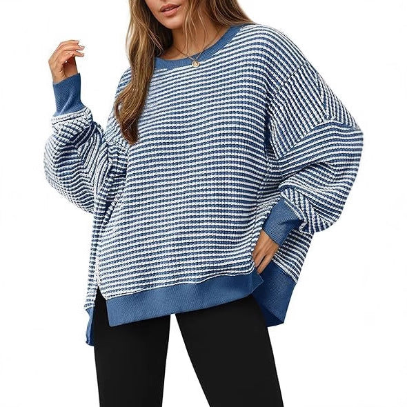 Oversized Waffle Knit Sweatshirt for Women — Striped Drop Shoulder Pullover in Cotton
