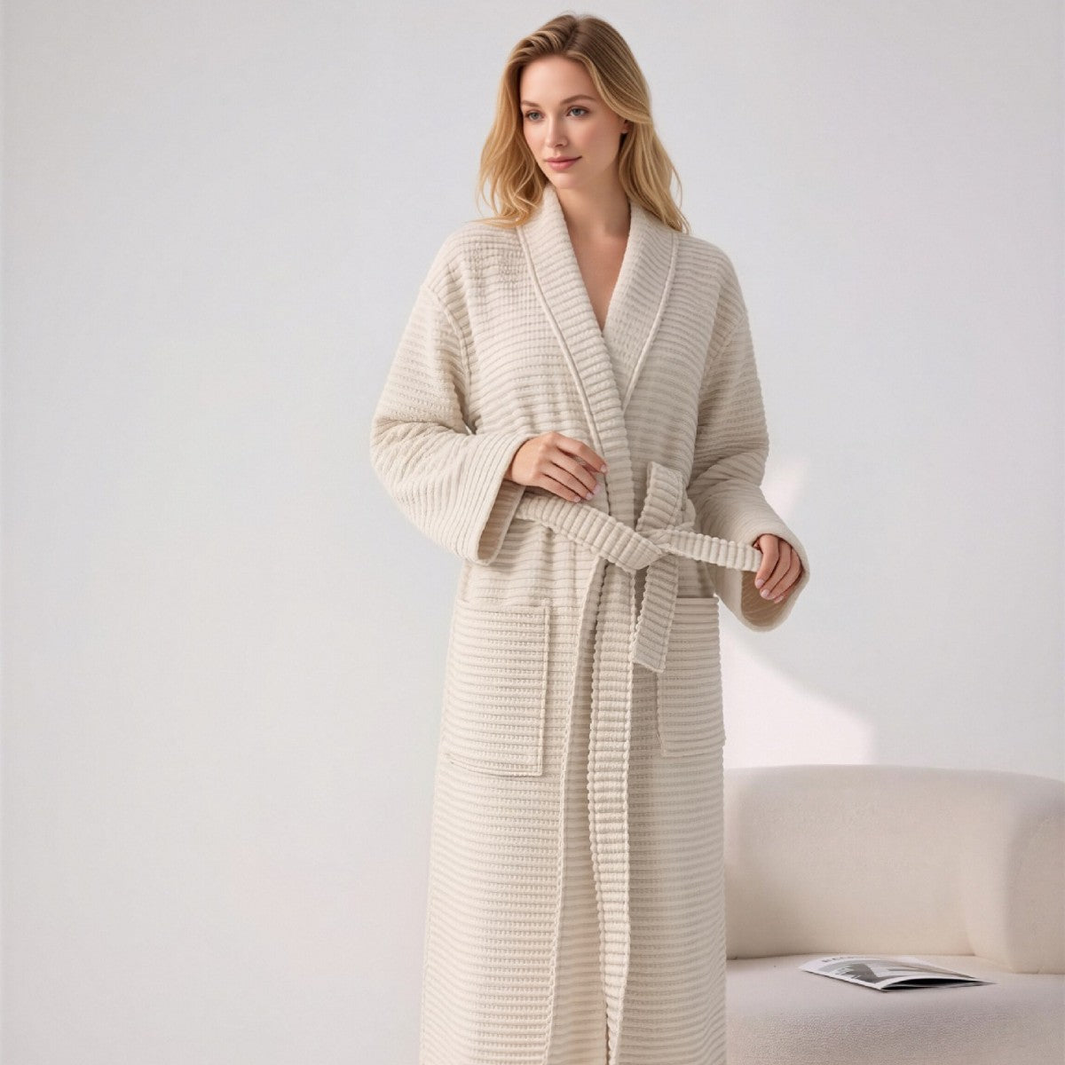 Natural cotton bathrobe with belt, shawl collar, long sleeves and textured weave