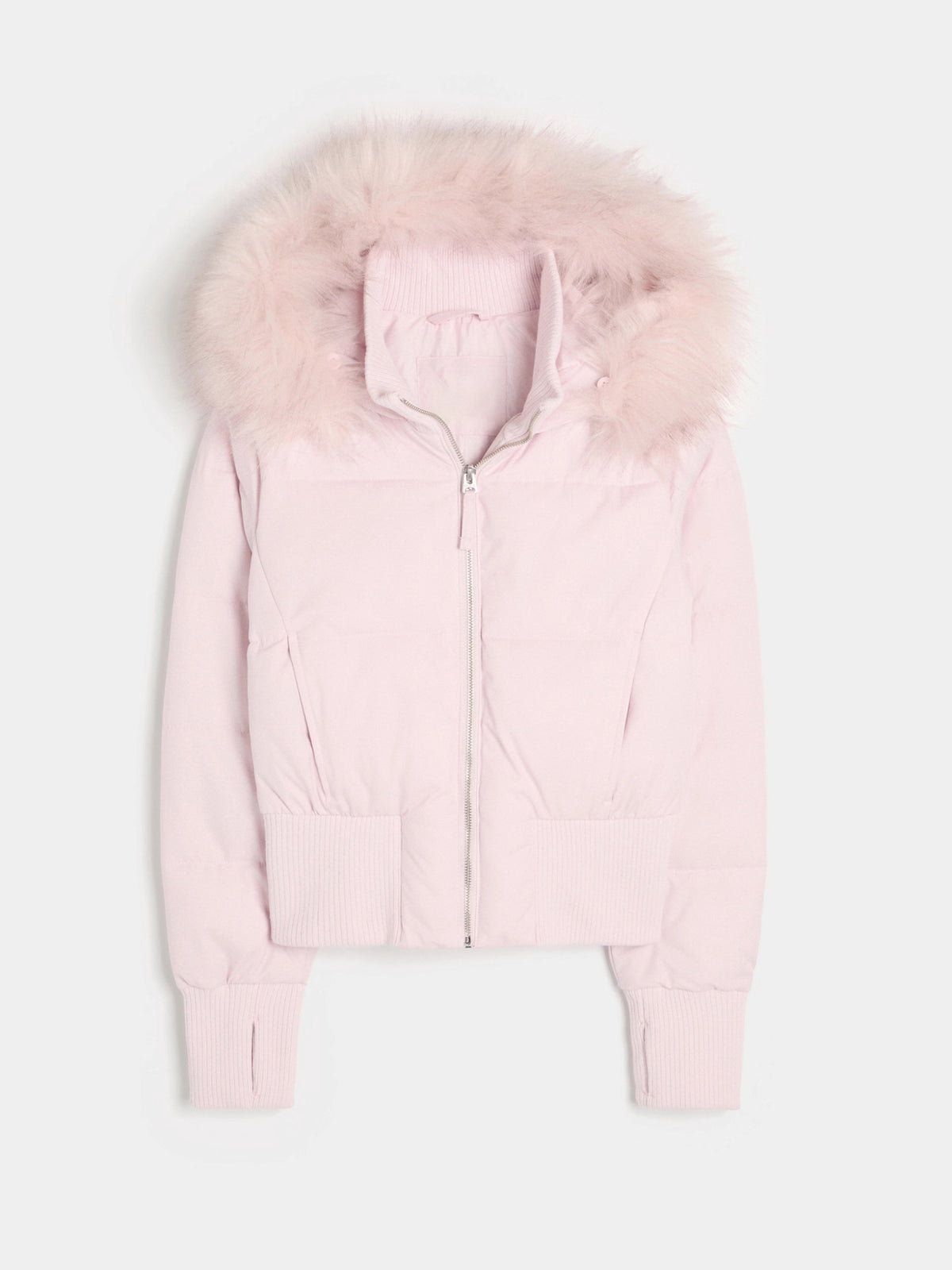 Short zip-up cotton jacket in blush pink with fur-trim collar and ribbed hem