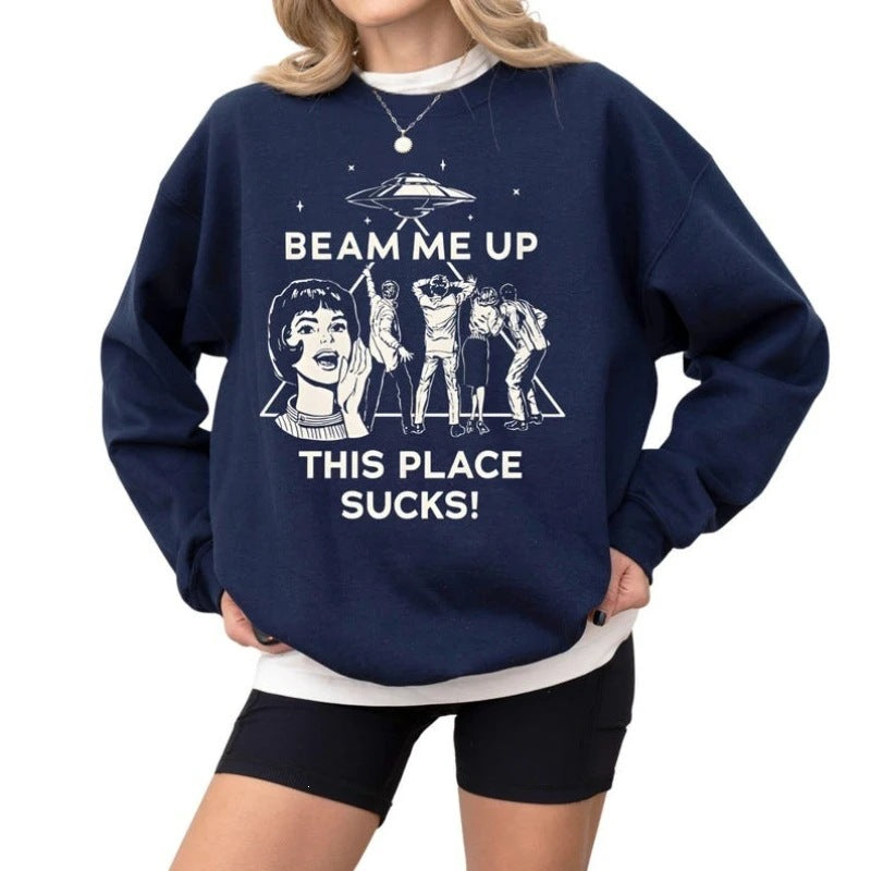 Graphic Sweatshirt for Women — Oversized Retro UFO Print Crew Neck in Cotton Fleece