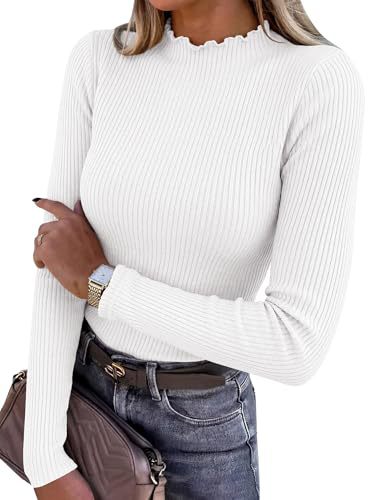 Mock Neck Top for Women — Fitted Ribbed Long Sleeve Knit with Lettuce Trim in Viscose
