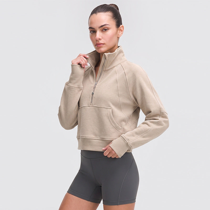 Half-zip fleece-lined sports jacket, khaki, front view with zip pull