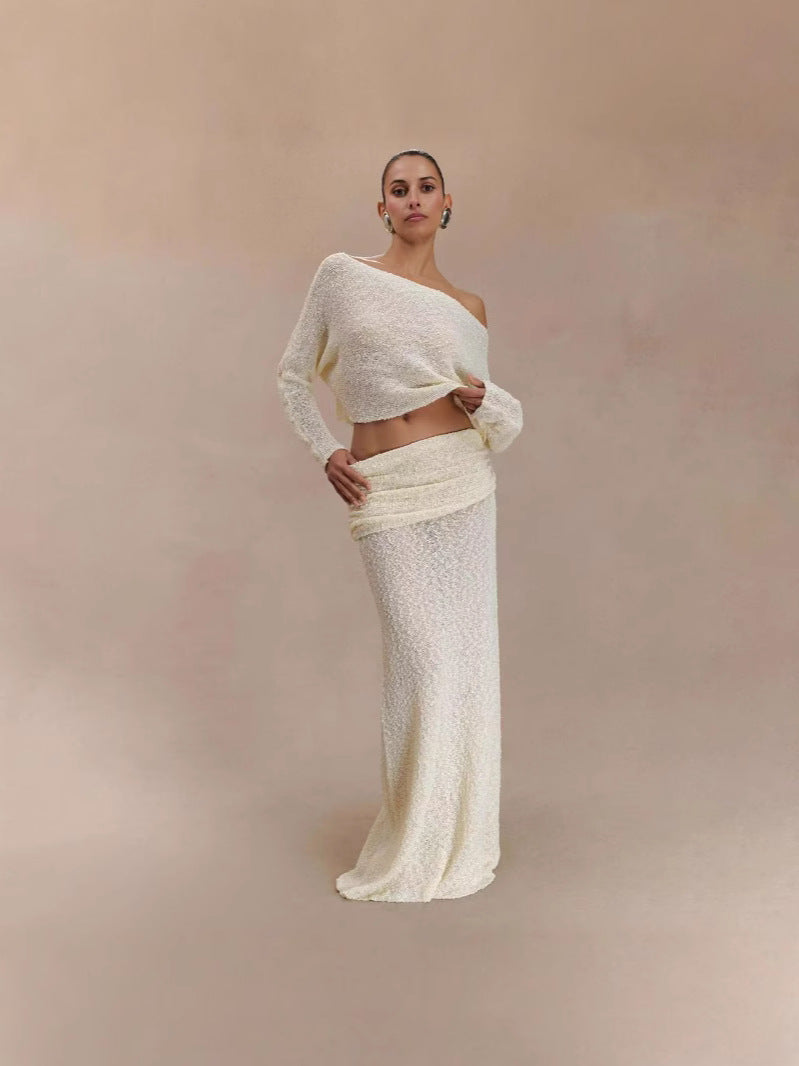 Women's knitted two-piece maxi dress set, light yellow one-shoulder long-sleeve top and skirt