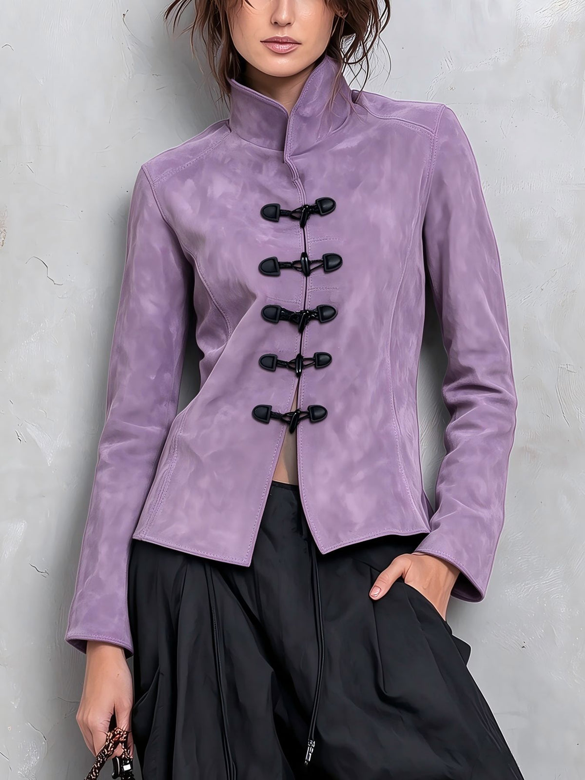 Lavender short jacket with a stand collar and black toggle fasteners