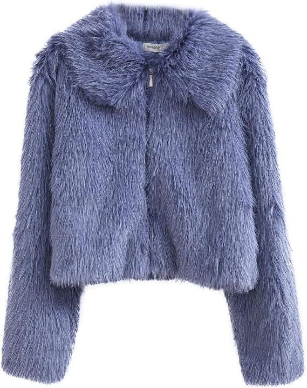 Women’s faux fur jacket, long sleeves, zip front, blue shaggy, stand collar