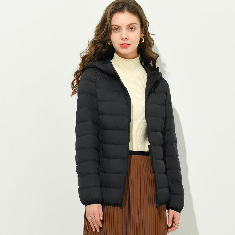 Women's lightweight down jacket, black, full-zip stand collar and side pockets