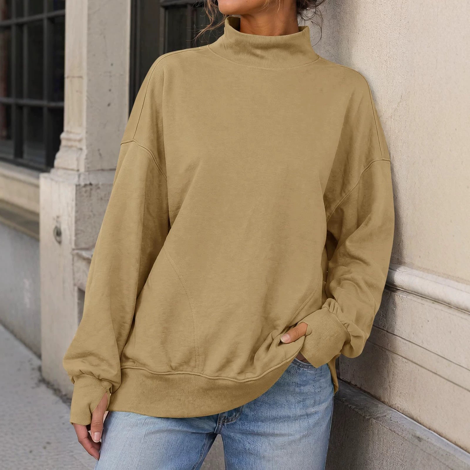 Women’s high-neck loose pullover sweatshirt, khaki solid color