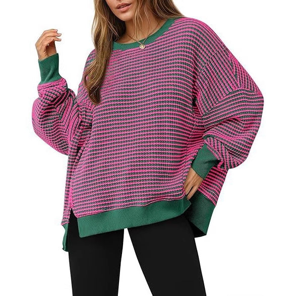 Oversized Waffle Knit Sweatshirt for Women — Striped Drop Shoulder Pullover in Cotton