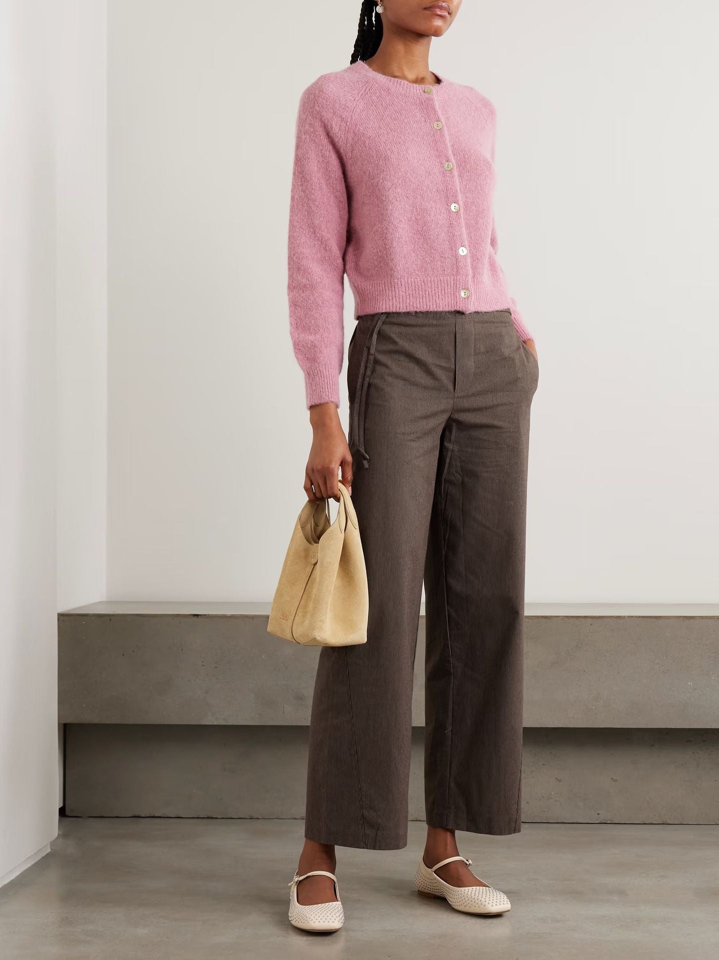 Women's wool-blend knit cardigan, dusty pink round neck with button front, long sleeves