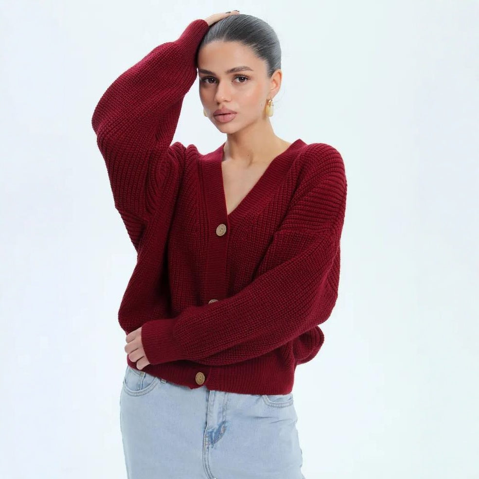 Cropped Cardigan for Women — Chunky Rib Knit with V Neck and Button Front