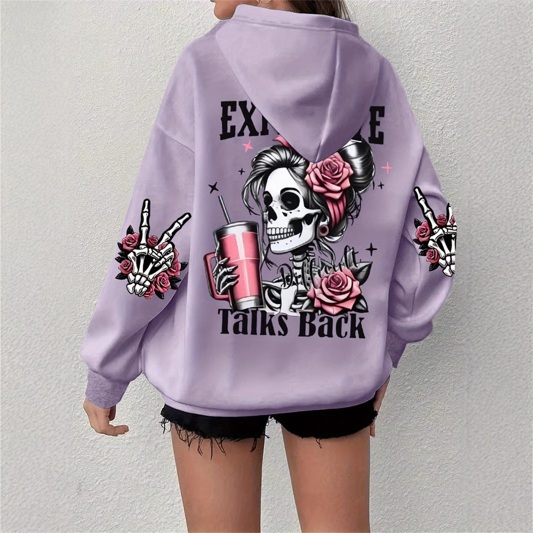 Light purple hooded sweater with back skull and roses graphic, long sleeves