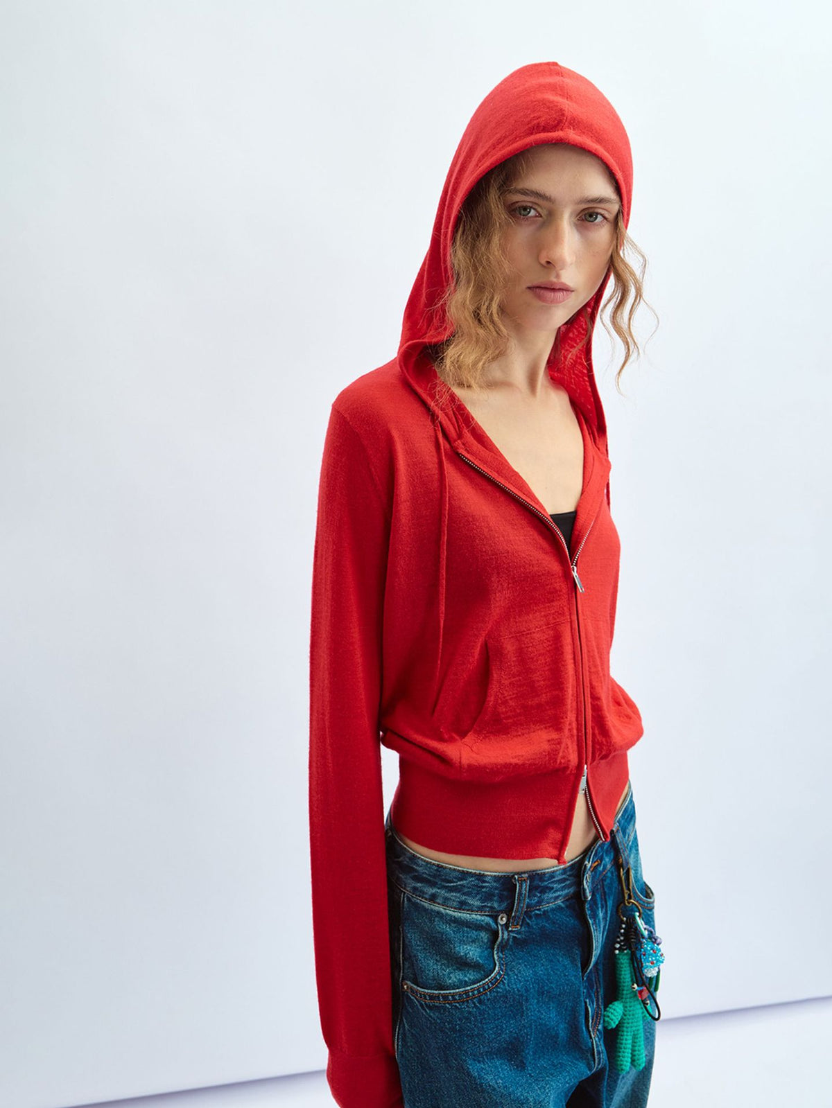 Red hooded zip-up knit cardigan, slim fit, long sleeves, full front zipper