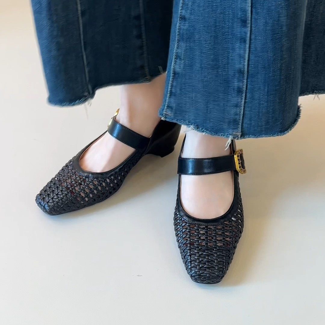 Black woven Mary Jane heels with single strap, square toe, gold buckle