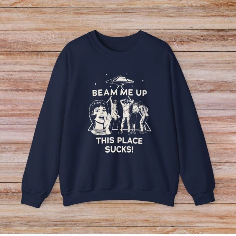 Graphic Sweatshirt for Women — Oversized Retro UFO Print Crew Neck in Cotton Fleece