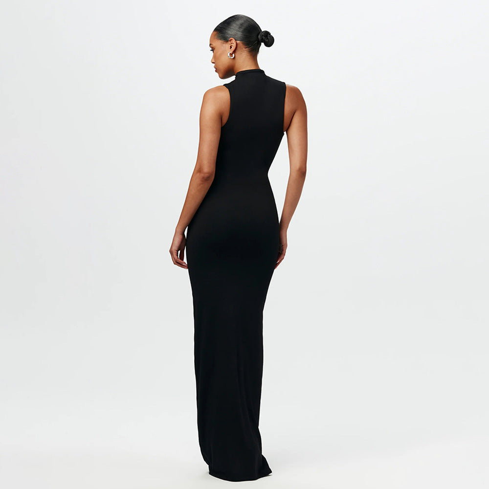 Black sleeveless maxi dress with mock neck, fitted column silhouette