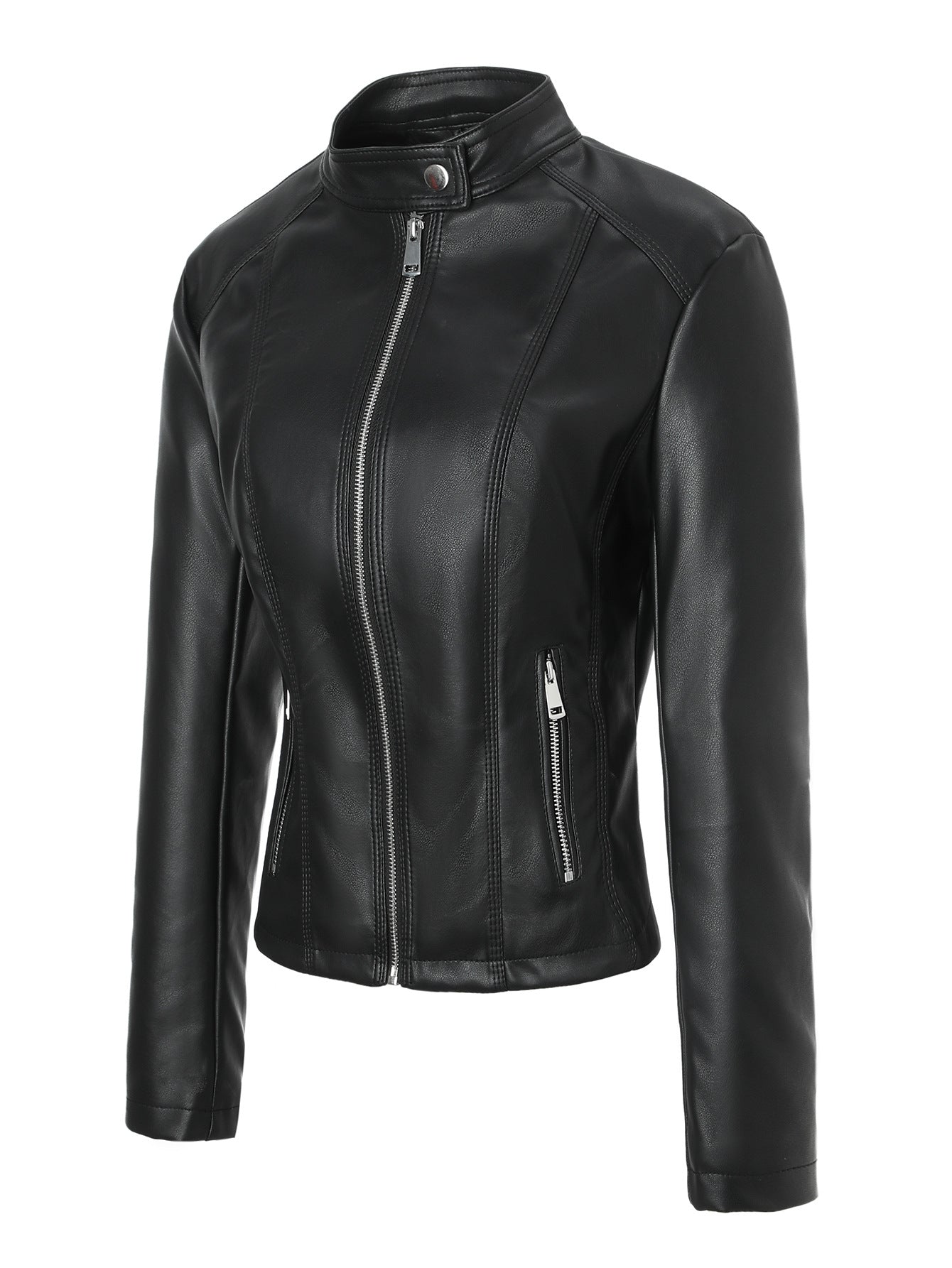 Black faux leather moto jacket with stand collar, front zipper, and snap at the neck