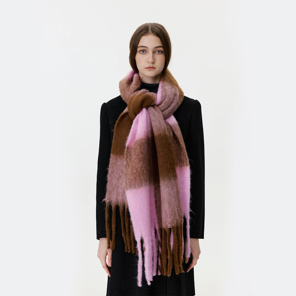 Women’s large plaid scarf with mauve, brown, and dark accents and long fringe