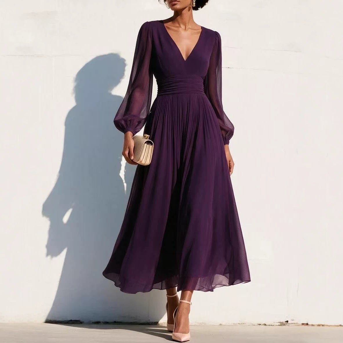 Chiffon Midi Dress for Women — Deep V Neck Pleated Skirt with Long Balloon Sleeves