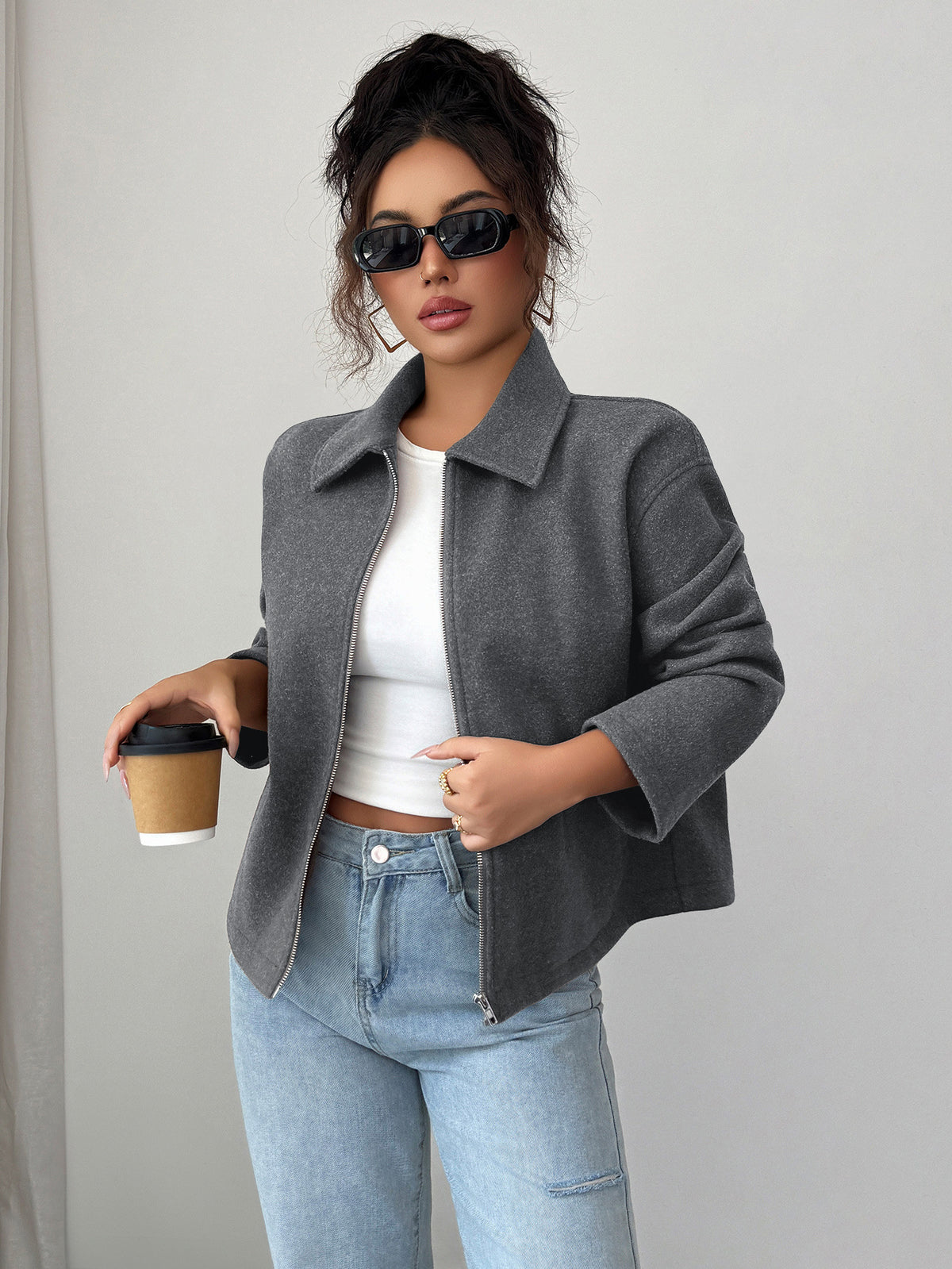Wool Jacket for Women — Cropped Boxy Zip Front with Point Collar and Drop Shoulders