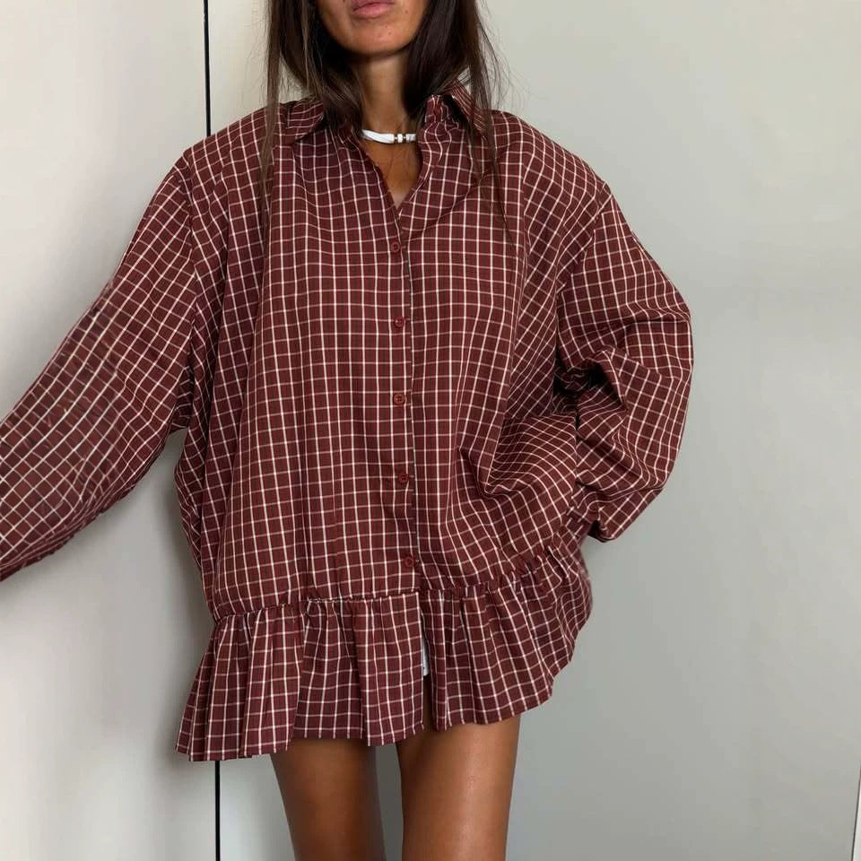 Oversized Plaid Shirt for Women — Ruffle Peplum Hem Button Front Top in Cotton