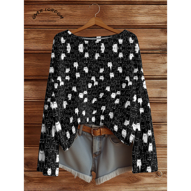 Dolman Sleeve Sweater for Women — Oversized Boat Neck Knit with Playful Animal Print