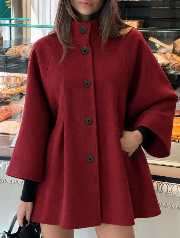 Women’s wine red wool A-line coat with stand-up collar, dark button placket, loose sleeves