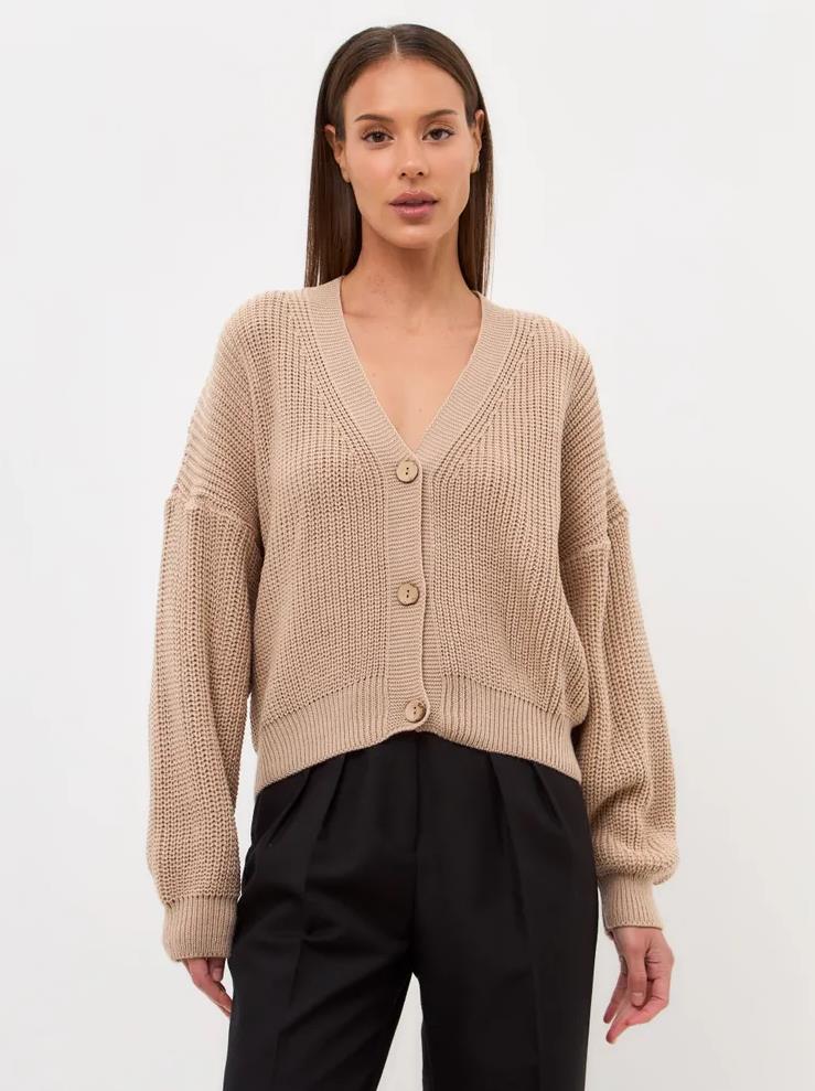 Cropped Cardigan for Women — Chunky Rib Knit with V Neck and Button Front