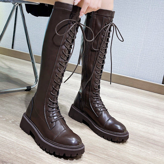 Knee-high lace-up riding boots with chunky tread sole, dark brown