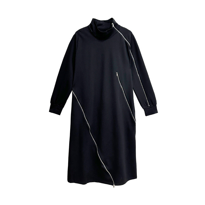 Black knit midi dress with high funnel neck, long sleeves, asymmetric zip detail and slit