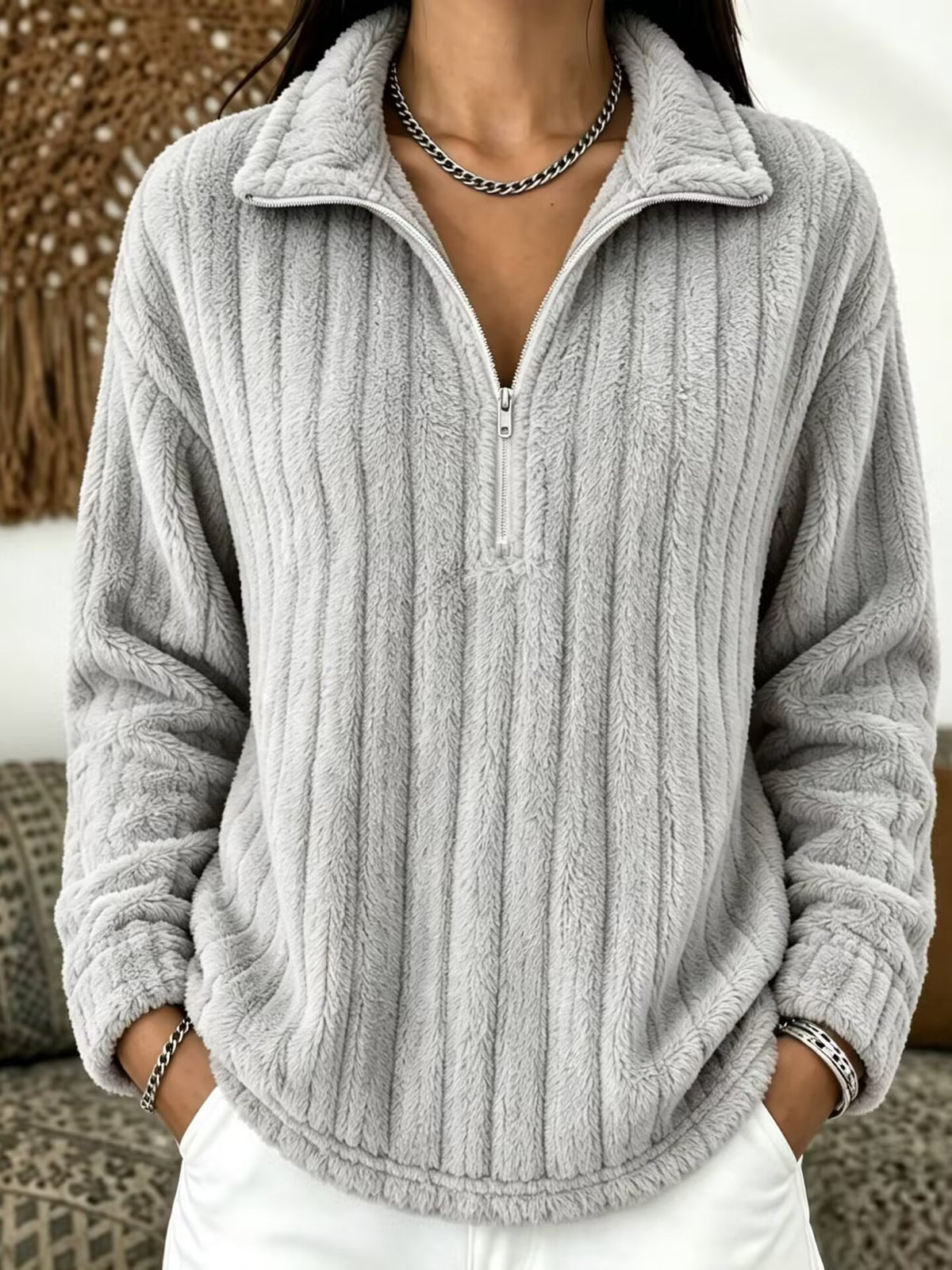 Women’s ribbed plush zip-up pullover sweatshirt in heather gray, long sleeves