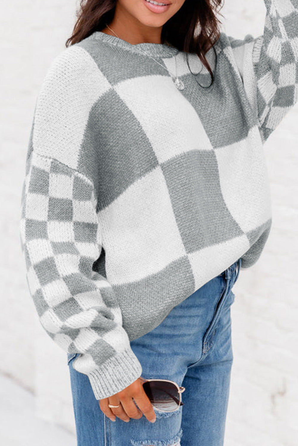 Checkered Knit Sweater for Women — Oversized Crew Neck Pullover with Balloon Sleeves in Brushed Wool