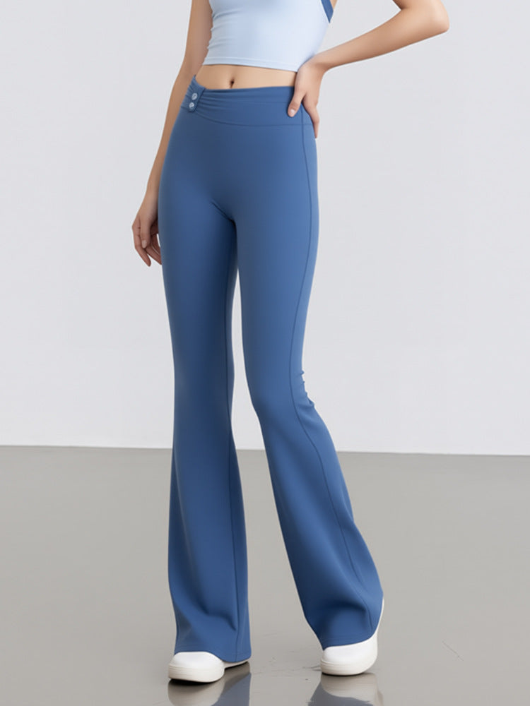 Blue high-waisted yoga flare pants with buttoned waistband, wide flared legs