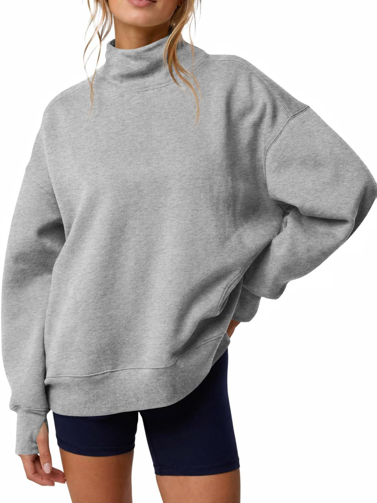 Women’s high-neck loose pullover sweatshirt, light heather gray