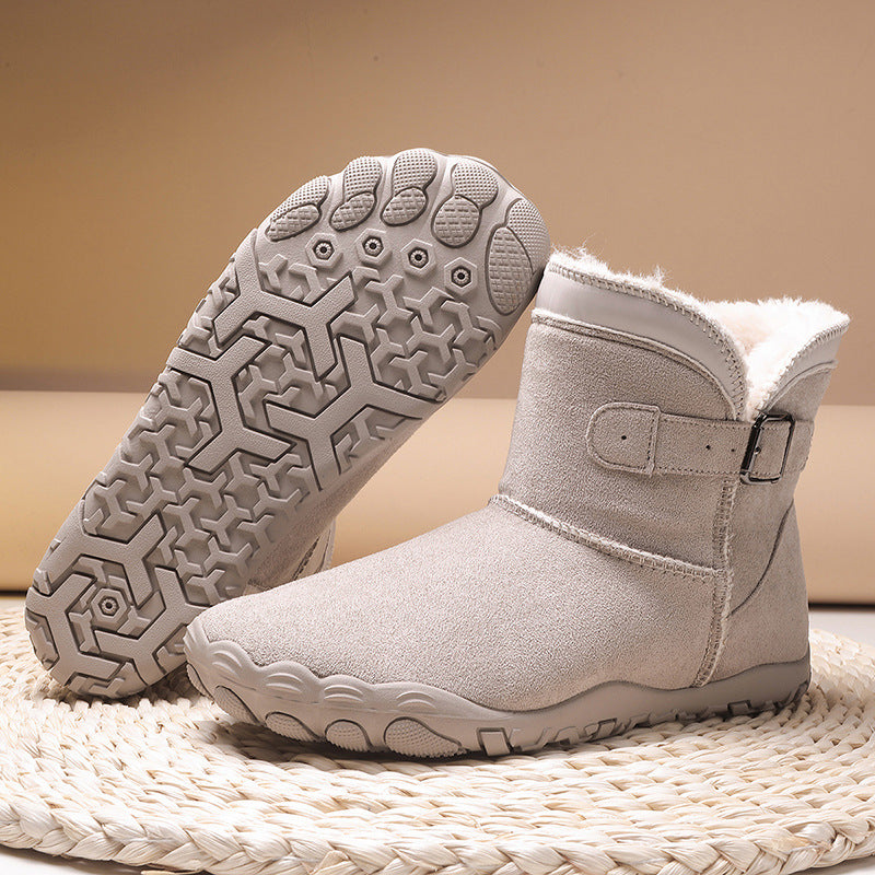 Women’s winter cotton snow boots, light gray suede with faux fur trim and side buckle