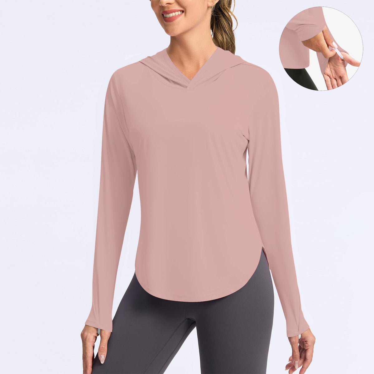 Women's hooded sun protection shirt, long-sleeve, light pink V-neck with hood
