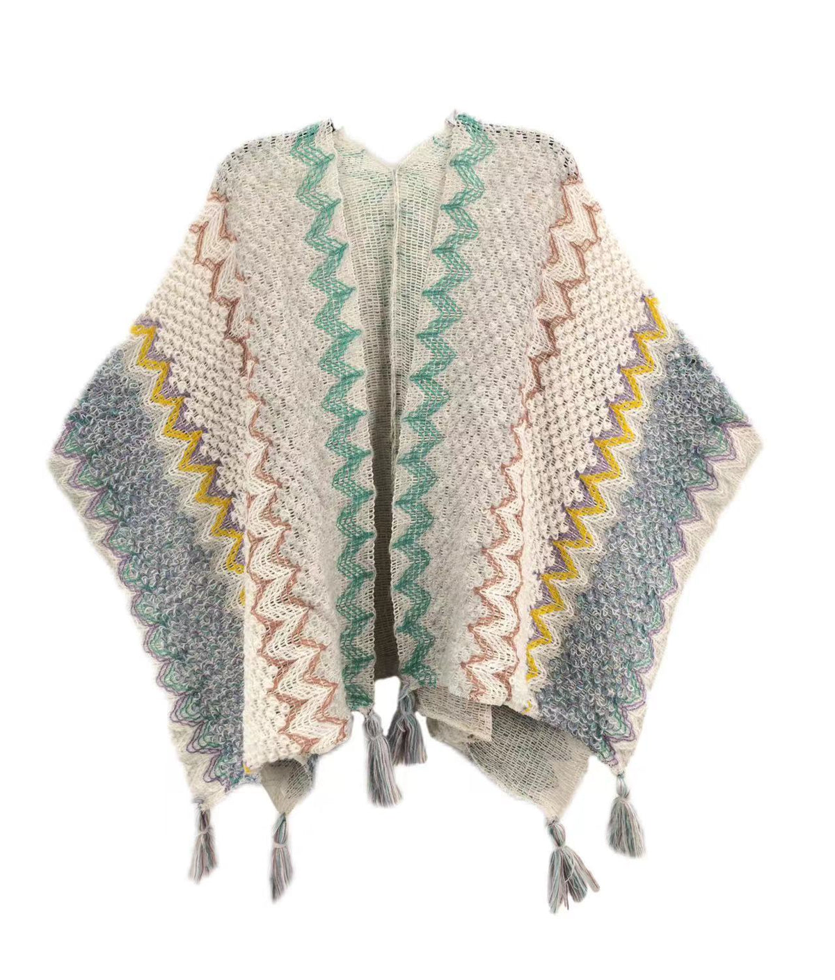 Multicolor knitted shawl with zigzag trim and fringe tassels, draped wrap cloak
