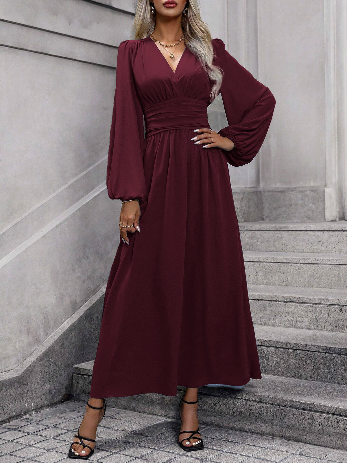 Burgundy long-sleeve surplice V-neck midi dress with gathered waist and pleated skirt