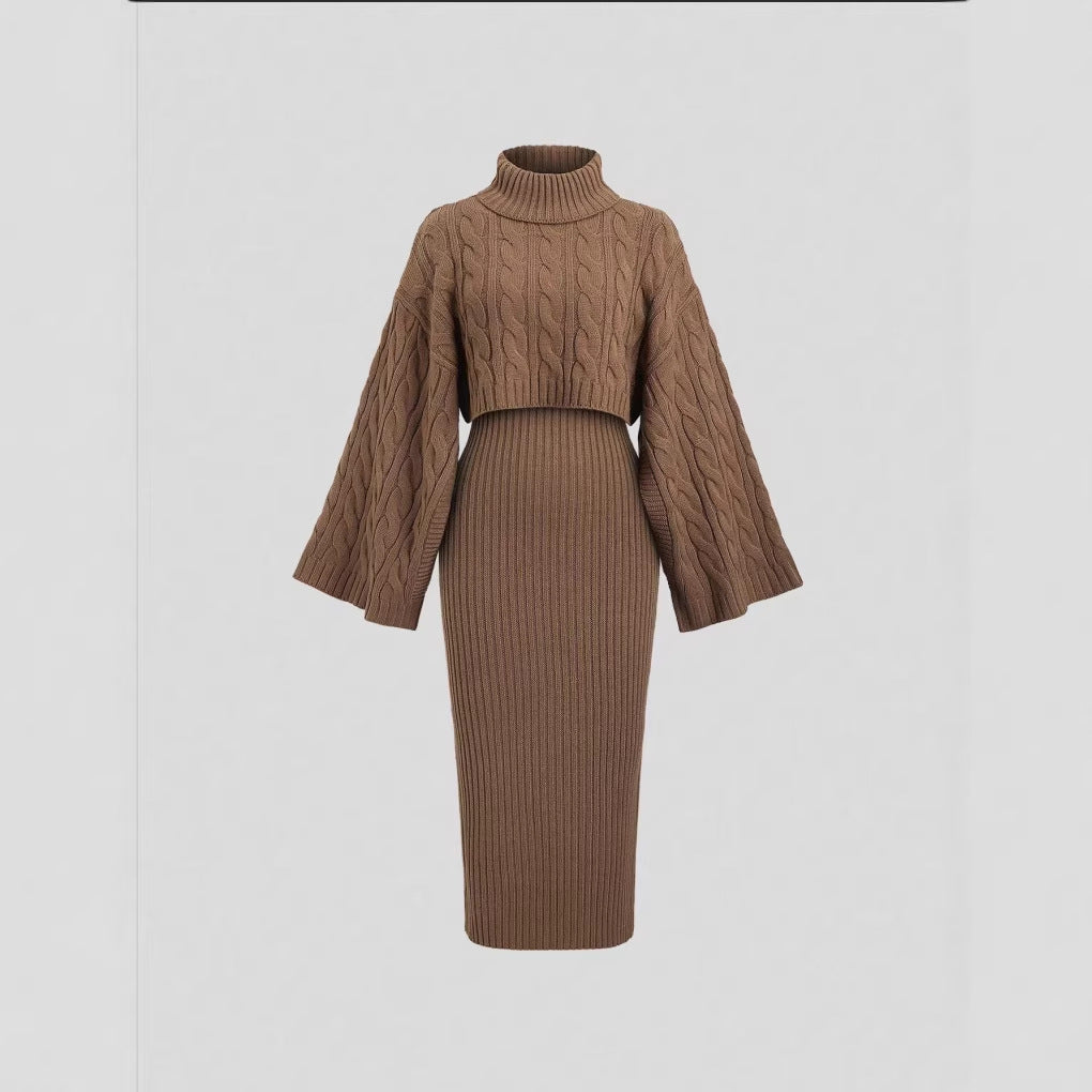 Brown knitted two-piece set with cable-knit high-neck cropped cardigan over ribbed dress