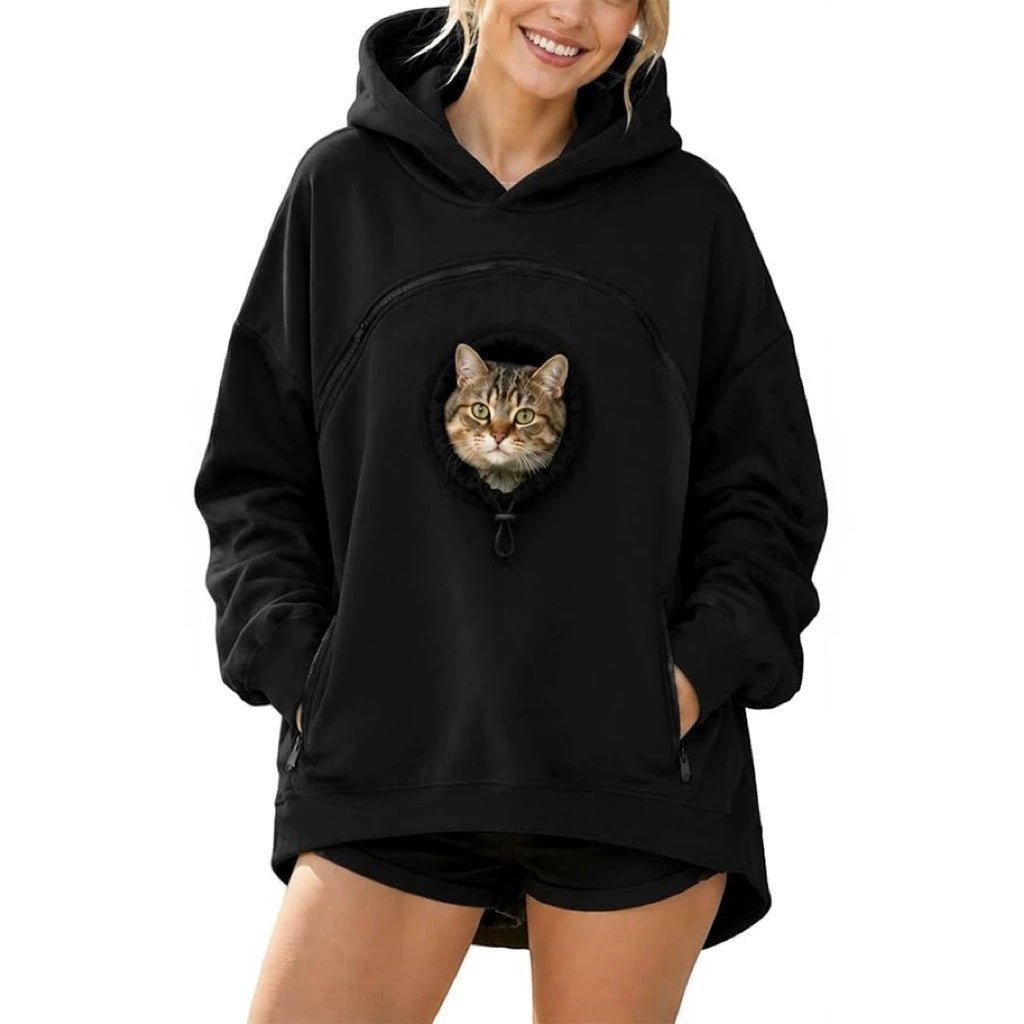 Black hooded sweatshirt with cat graphic, kangaroo pocket, and drawstring hood