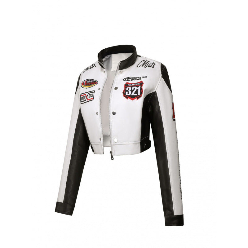 Women's motorcycle jacket, white and black colorblock with front zipper and patches