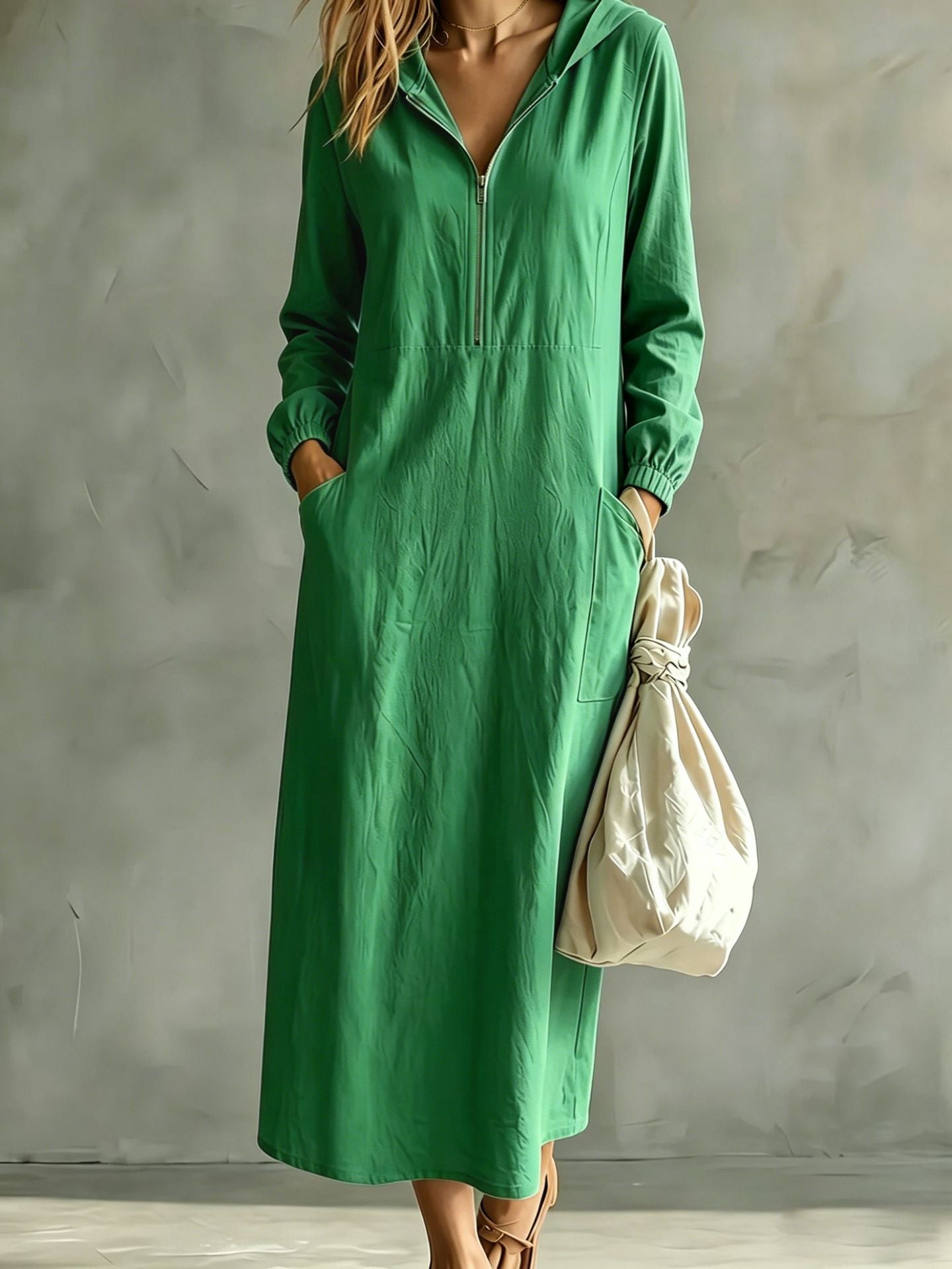 Long Sleeve Linen Maxi Dress — Casual Hooded Half Zip Style with Deep Side Pockets