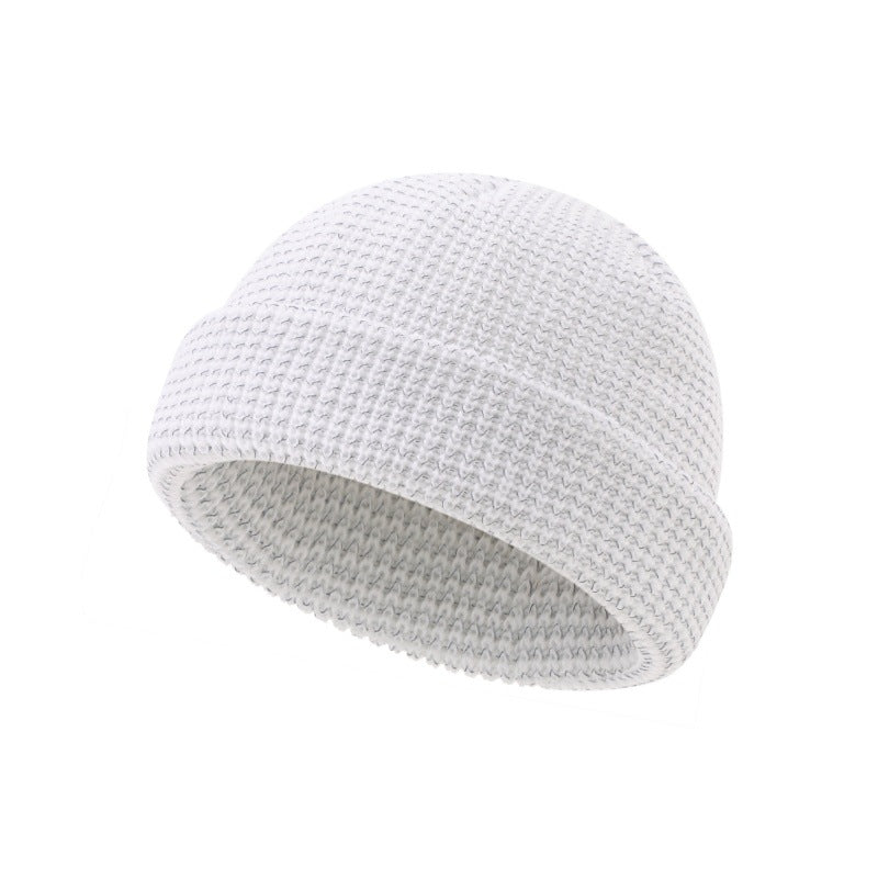 White knitted beanie hat with folded cuff, textured stitch knit