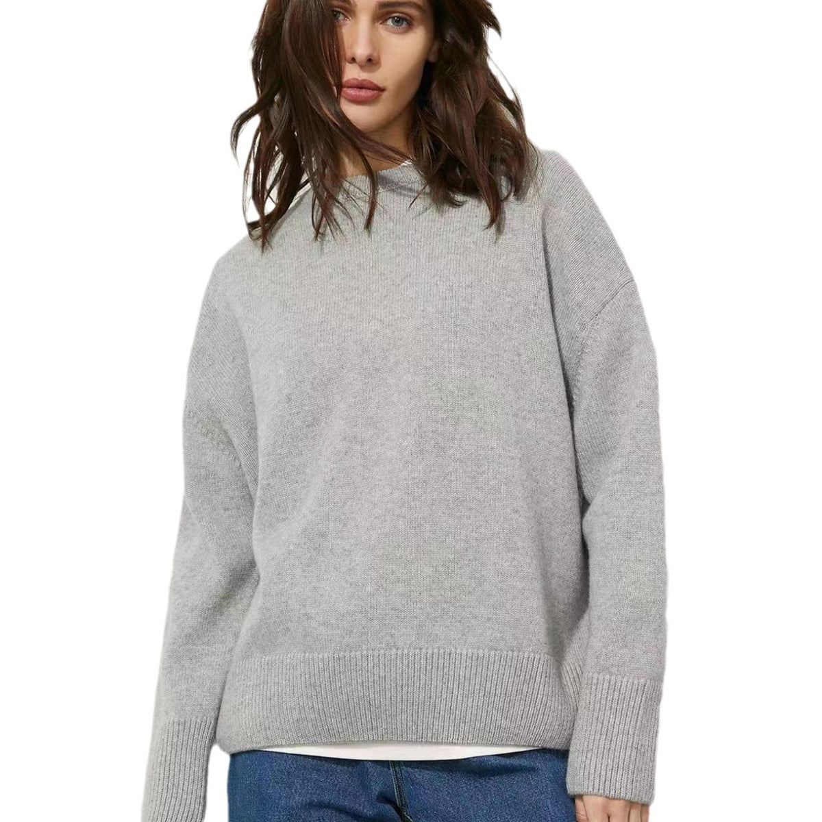 Light gray crew-neck sweater with a relaxed fit and ribbed cuffs and hem