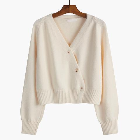 Women's knitted V-neck button cardigan, cream white, long sleeves
