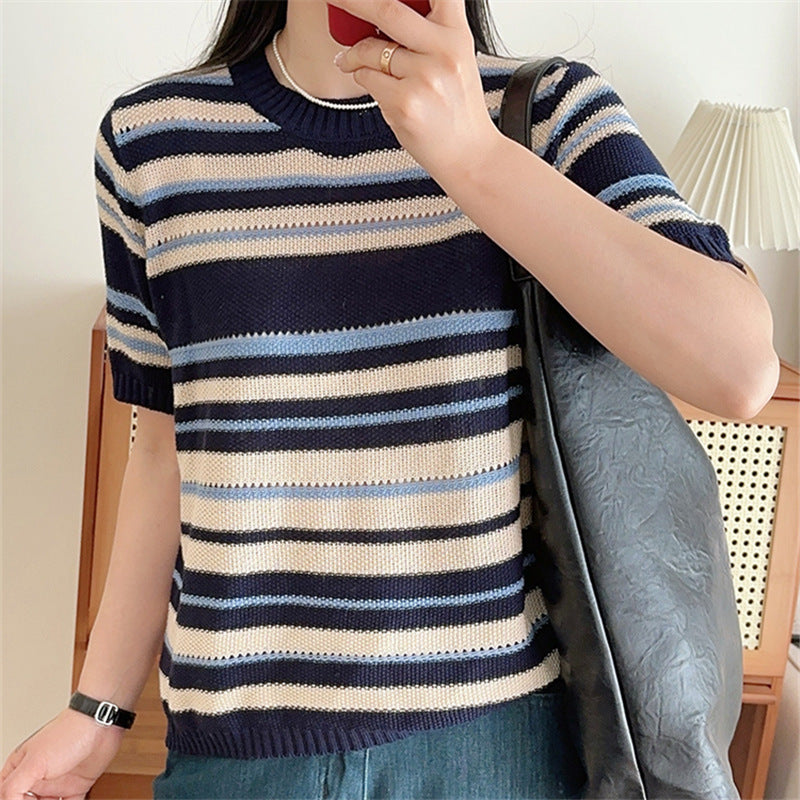 Striped Short Sleeve Sweater for Women — Lightweight Open Knit Summer Top in Cotton