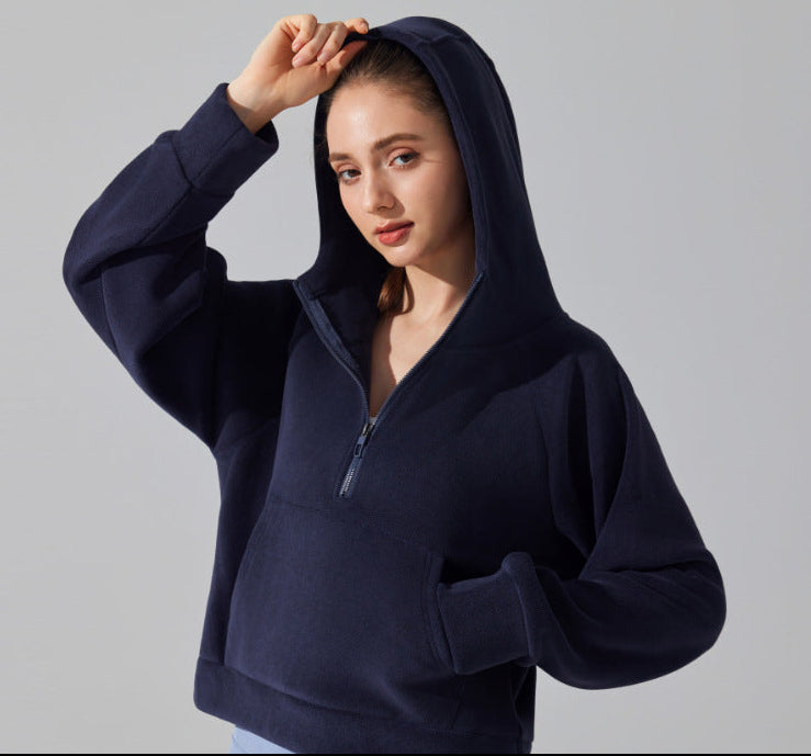 Fleece-lined half-zip sweatshirt with hood, navy, half-zip front and long sleeves