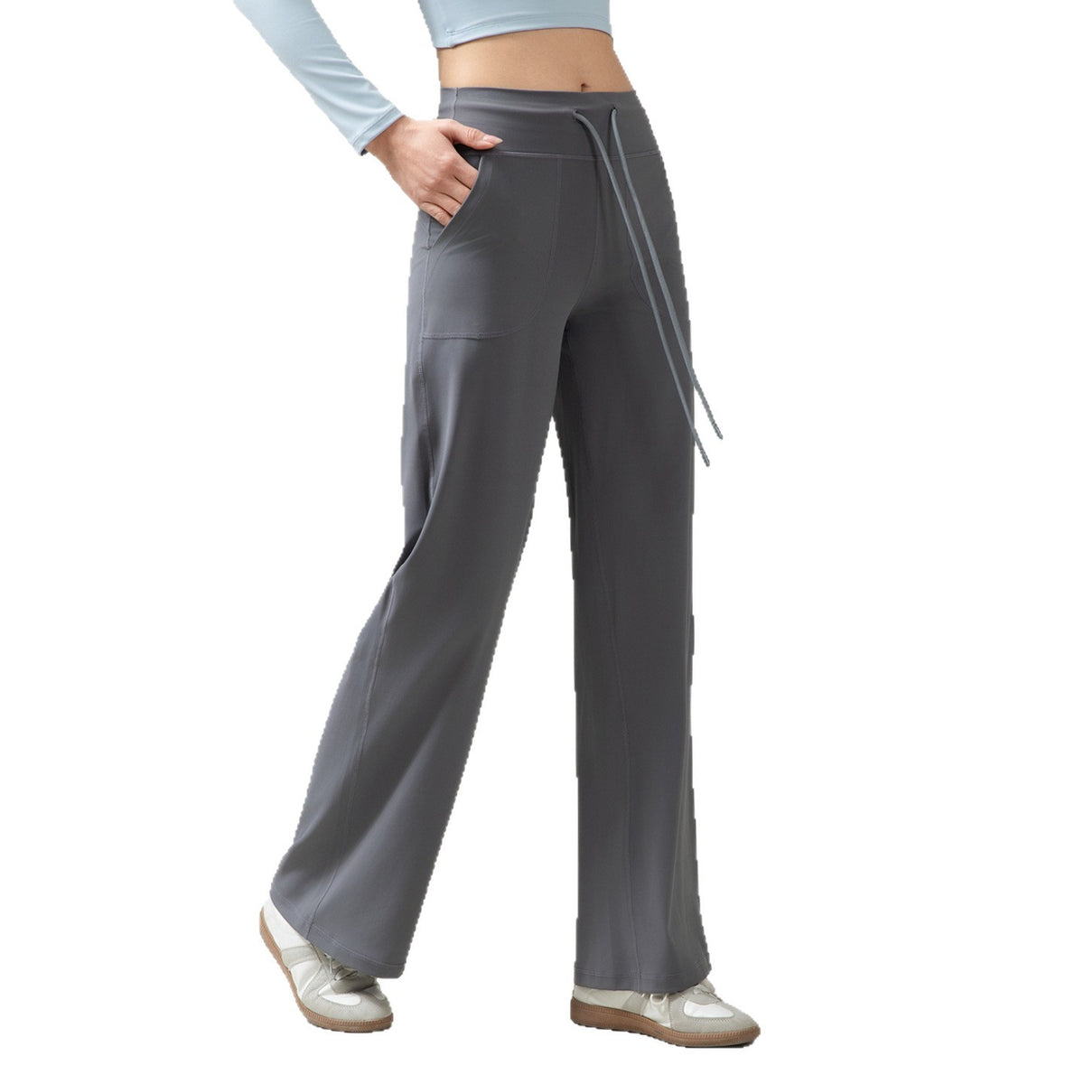 Women’s high-waisted wide-leg pants with drape, dark gray, side drawstring ties and seam details.