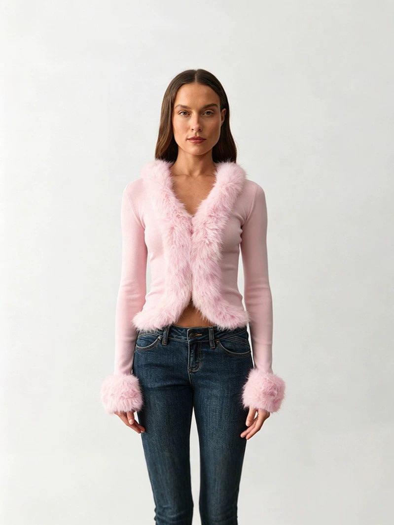 Pink faux fur cardigan with V-neck, long sleeves, open front, fluffy frayed trim