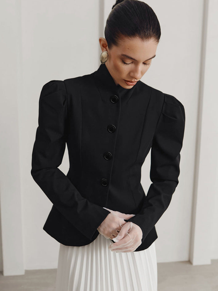 Fitted Blazer for Women — Stand Collar Puff Sleeve Jacket in Wool Blend