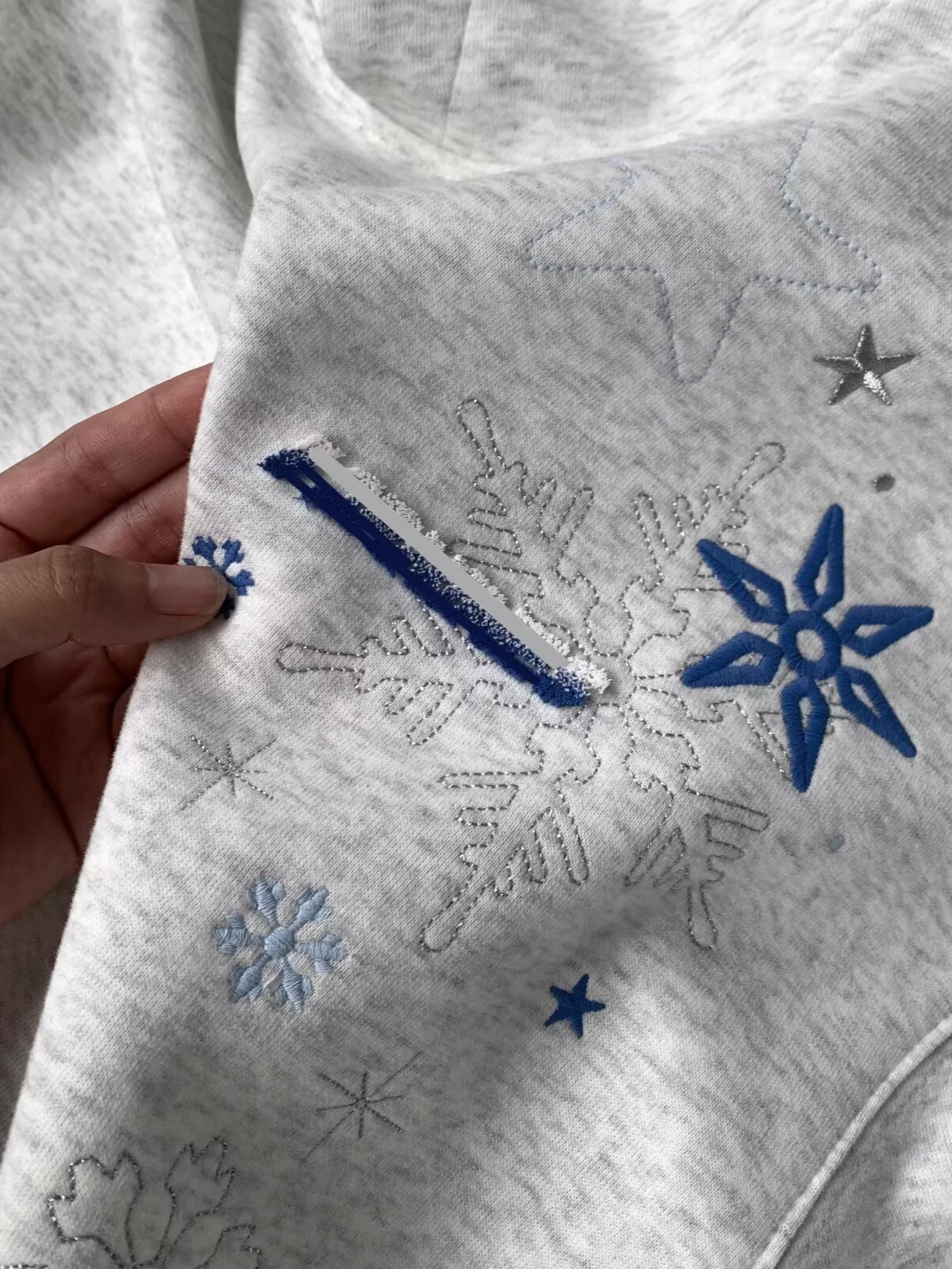 Embroidered Hoodie for Women — Oversized Snowflake Pullover in Cotton Fleece